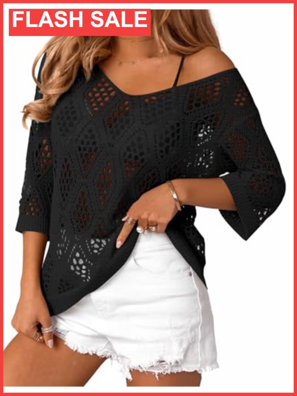 Womens 3/4 Sleeve Crochet V Neck Cover Up Sweater Top Loose